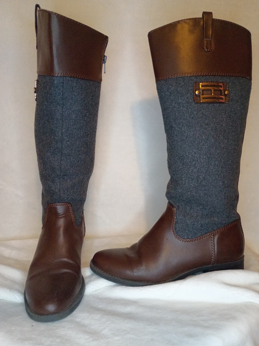 Brown Leather & Gray Fabric Knee-High Boots